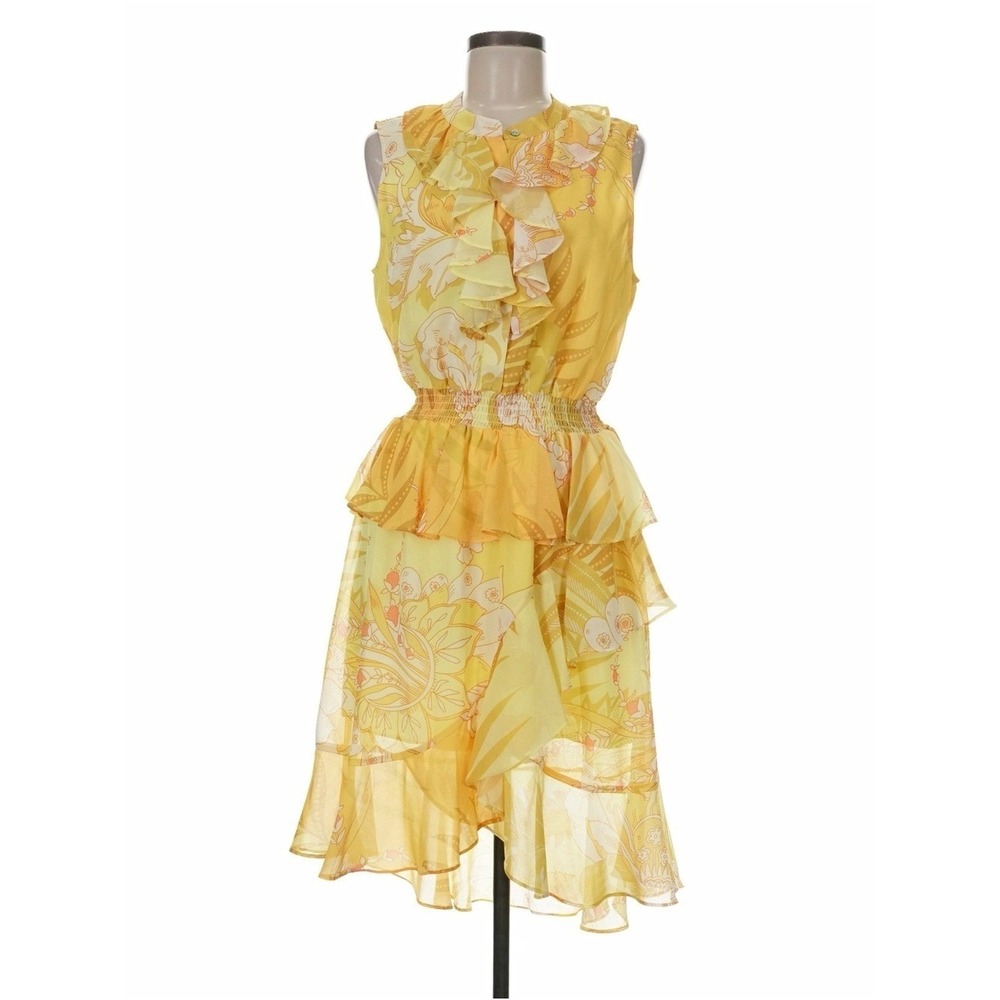 HALE BOB Yellow Floral Ruffle High Low Dress Paisley Print Sleeveless‎ | Sz M